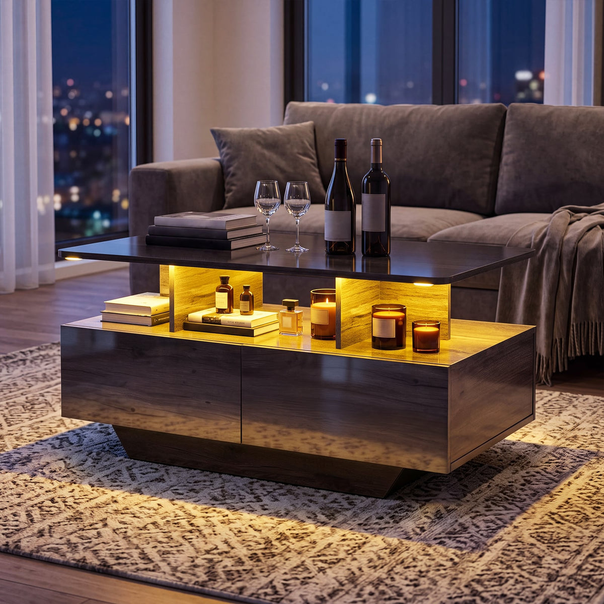 90 CM High LED Coffee Table with 2 Storage Drawers and 20-Color LED Lights-Grey