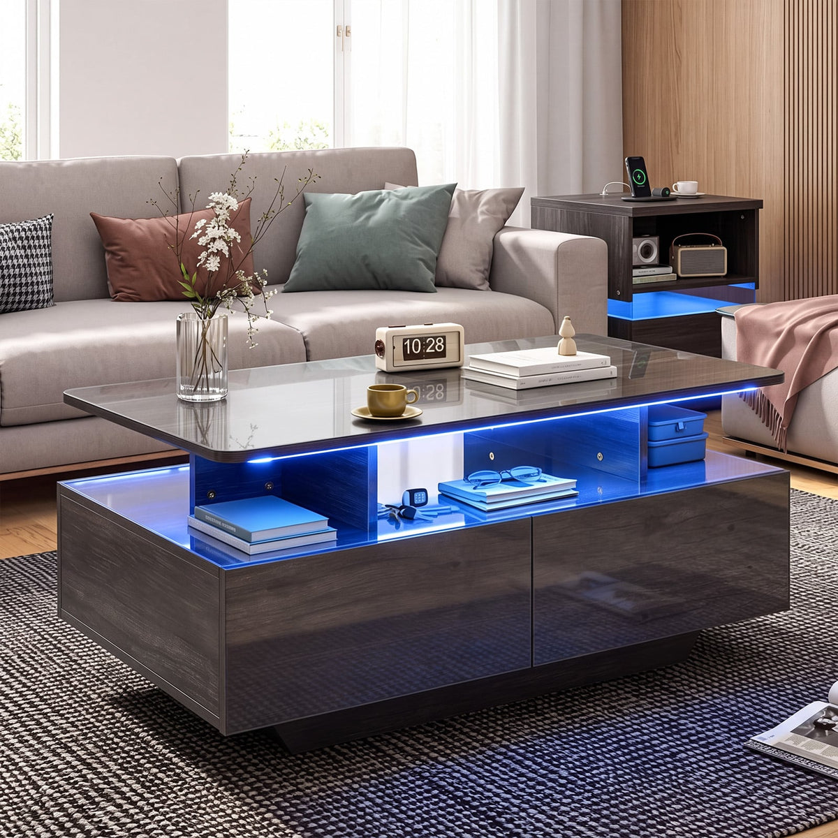 90 CM High LED Coffee Table with 2 Storage Drawers and 20-Color LED Lights-Grey