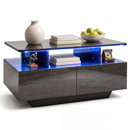 90 CM High LED Coffee Table with 2 Storage Drawers and 20-Color LED Lights-Grey