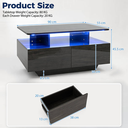 90 CM High LED Coffee Table with 2 Storage Drawers and 20-Color LED Lights-Grey