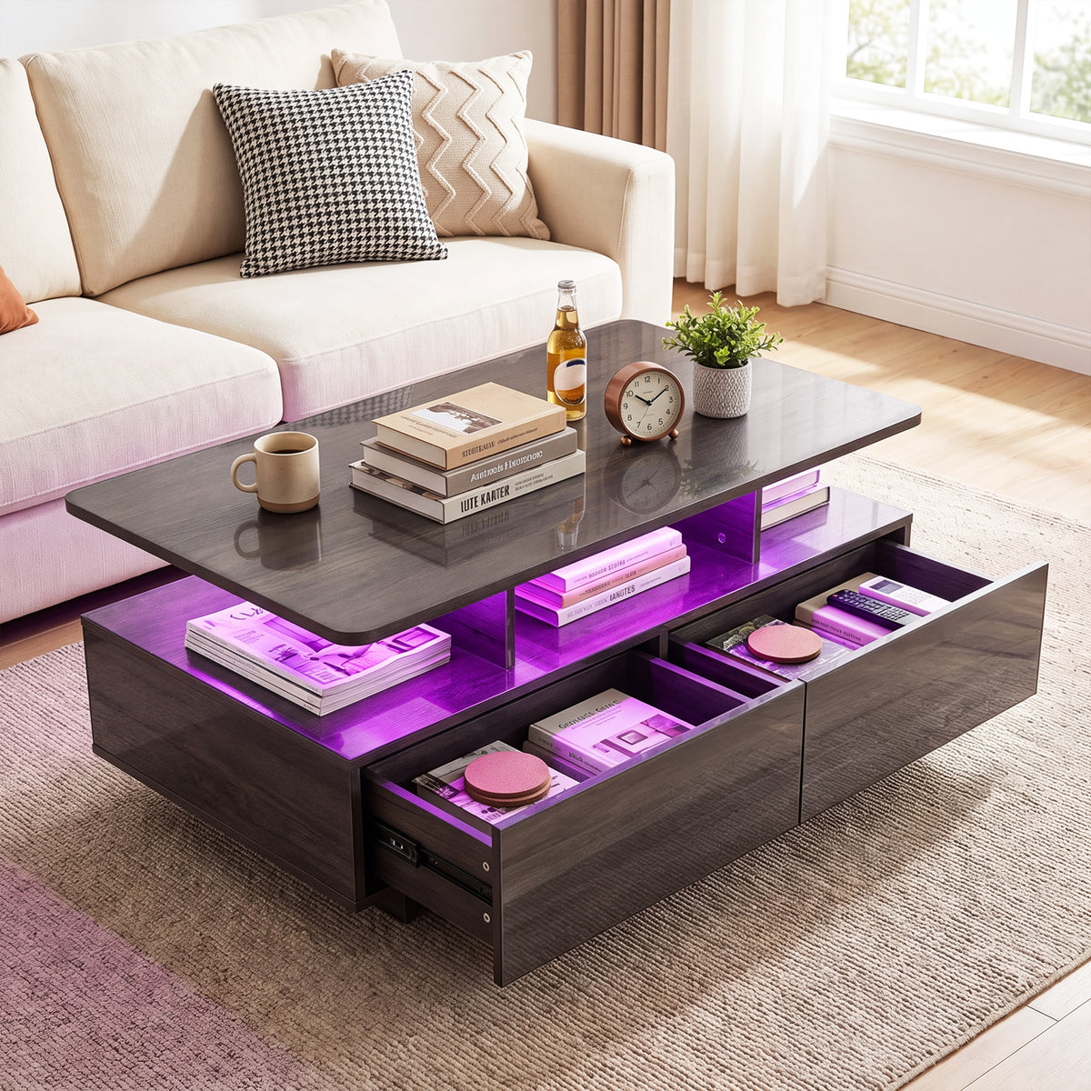 90 CM High LED Coffee Table with 2 Storage Drawers and 20-Color LED Lights-Grey
