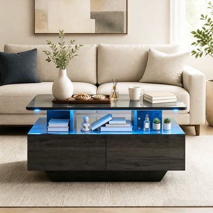 90 CM High LED Coffee Table with 2 Storage Drawers and 20-Color LED Lights-Grey