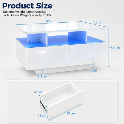 90 CM High LED Coffee Table with 2 Storage Drawers and 20-Color LED Lights-White