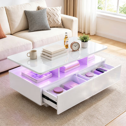 90 CM High LED Coffee Table with 2 Storage Drawers and 20-Color LED Lights-White