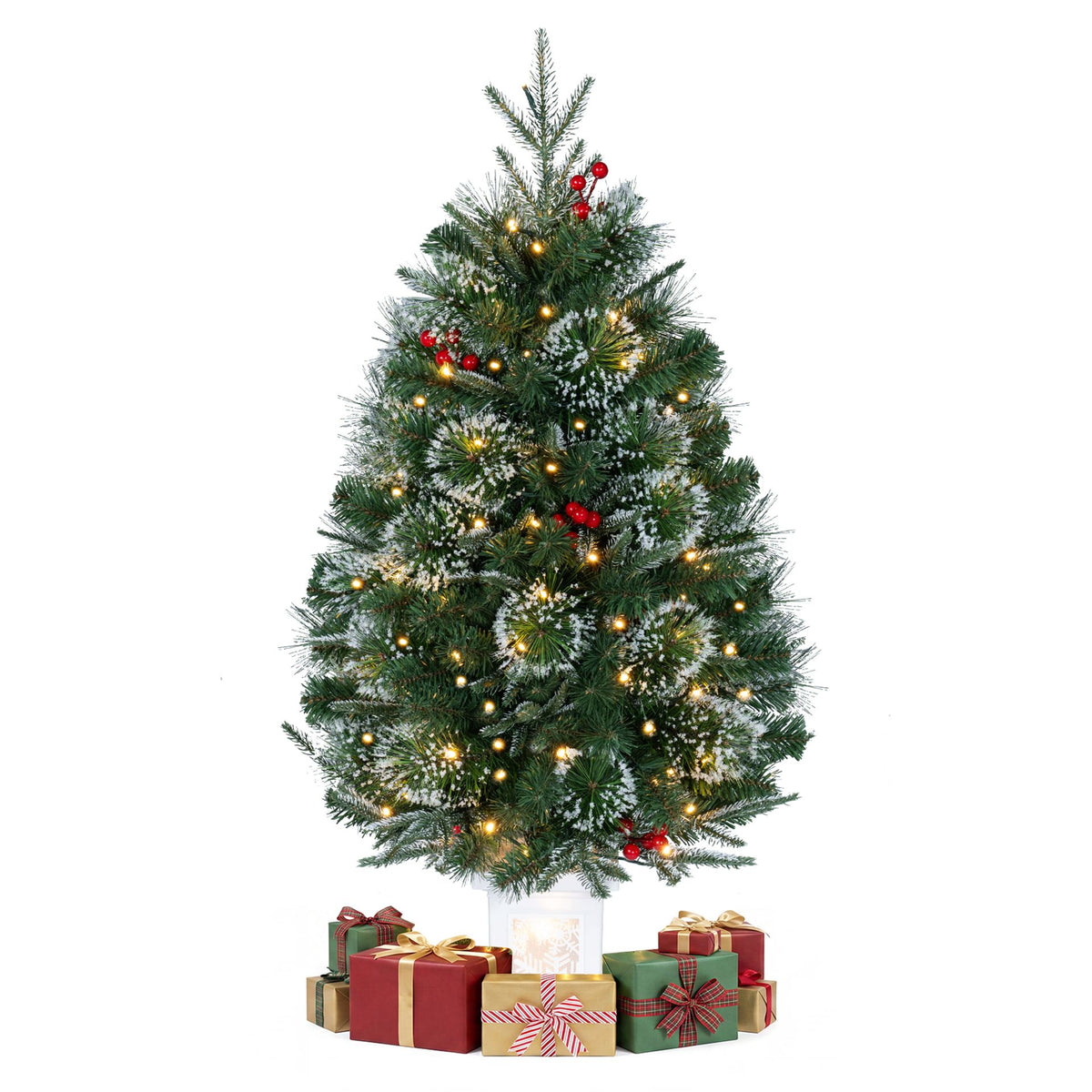 90 CM Pre-Lit Potted Christmas Tree with 80 Warm White LED Lights and 8 Modes