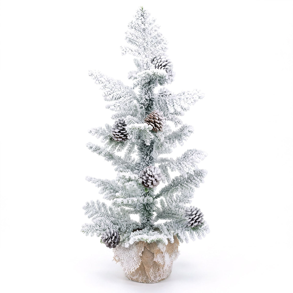 90 cm Flocked Tabletop Christmas Tree with 25 Cypress PE Leaves and 7 Natural Pine Cones for Desk Corner