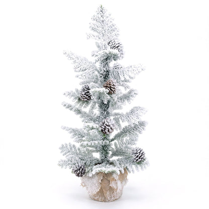 90 cm Flocked Tabletop Christmas Tree with 25 Cypress PE Leaves and 7 Natural Pine Cones for Desk Corner