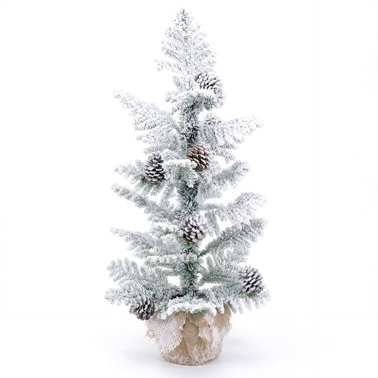 90 cm Flocked Tabletop Christmas Tree with 25 Cypress PE Leaves and 7 Natural Pine Cones for Desk Corner