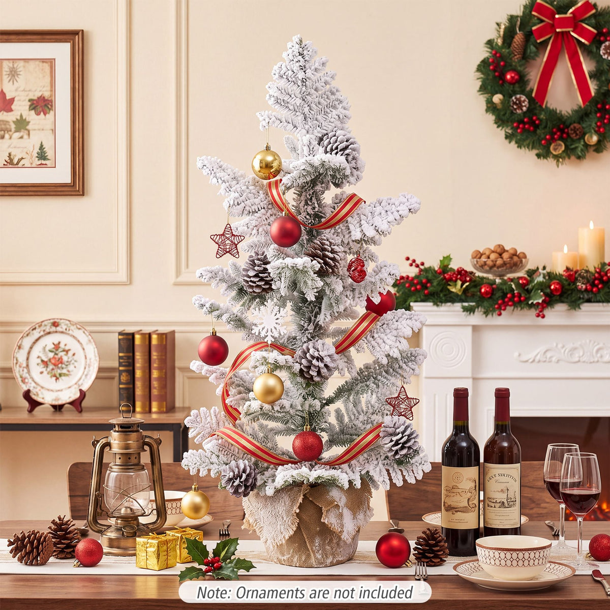90 cm Flocked Tabletop Christmas Tree with 25 Cypress PE Leaves and 7 Natural Pine Cones for Desk Corner