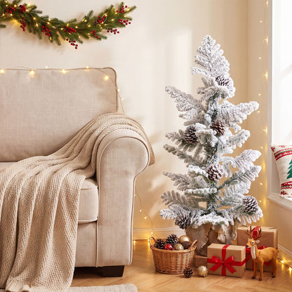 90 cm Flocked Tabletop Christmas Tree with 25 Cypress PE Leaves and 7 Natural Pine Cones for Desk Corner