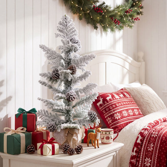 90 cm Flocked Tabletop Christmas Tree with 25 Cypress PE Leaves and 7 Natural Pine Cones for Desk Corner