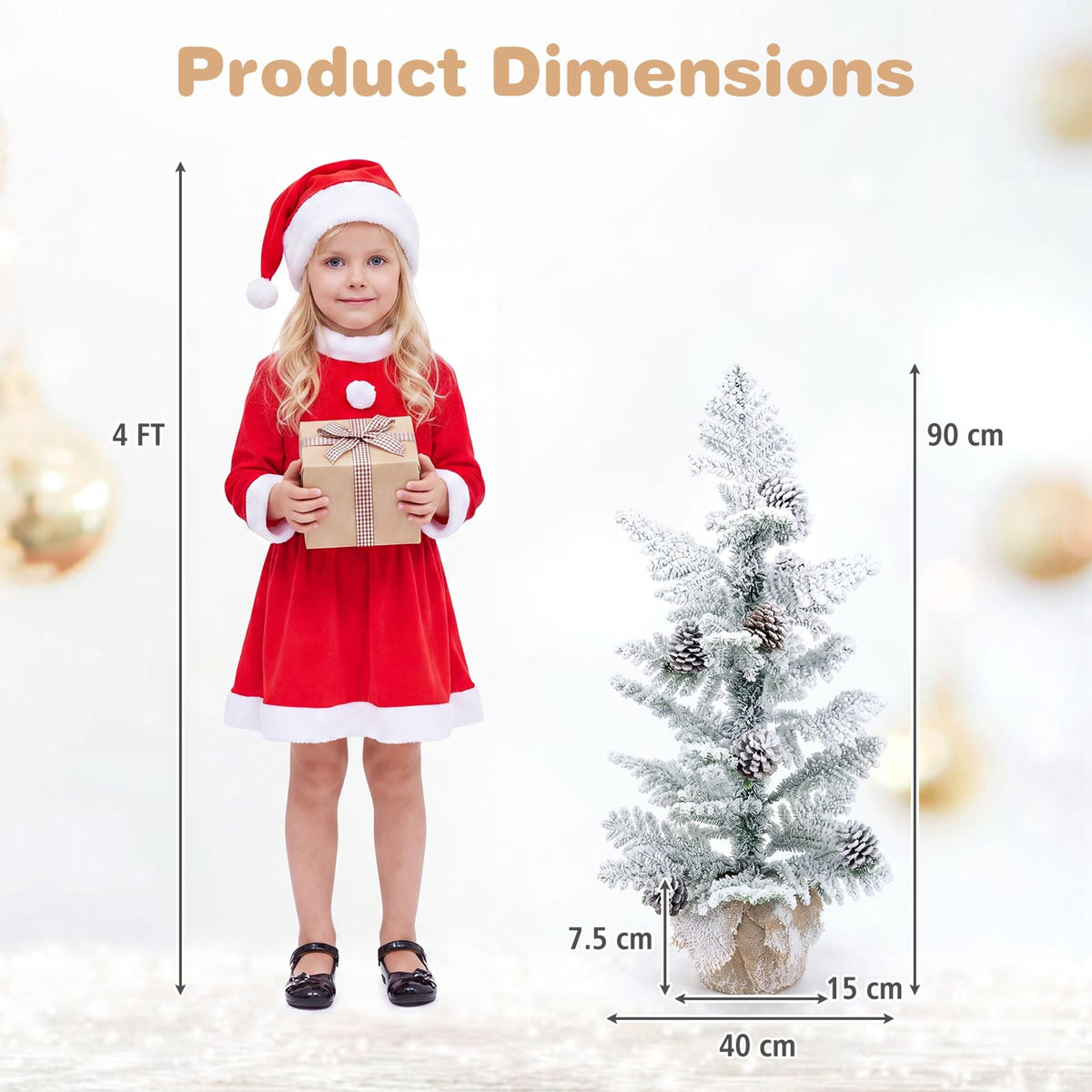 90 cm Flocked Tabletop Christmas Tree with 25 Cypress PE Leaves and 7 Natural Pine Cones for Desk Corner