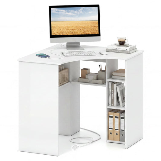 90-degree Triangle Computer Desk with Open Storage Shelves-White