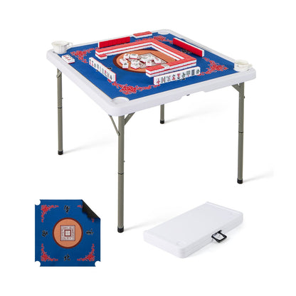 Folding Mahjong Table with Cup Holders and Removable Game Mat-Blue