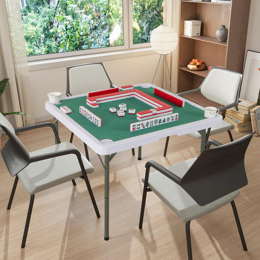 Folding Mahjong Table with Cup Holders and Removable Game Mat-Green