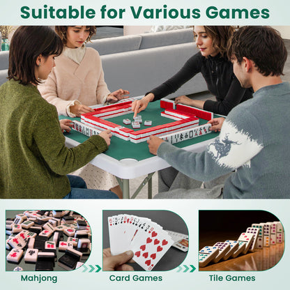 Folding Mahjong Table with Cup Holders and Removable Game Mat-Green