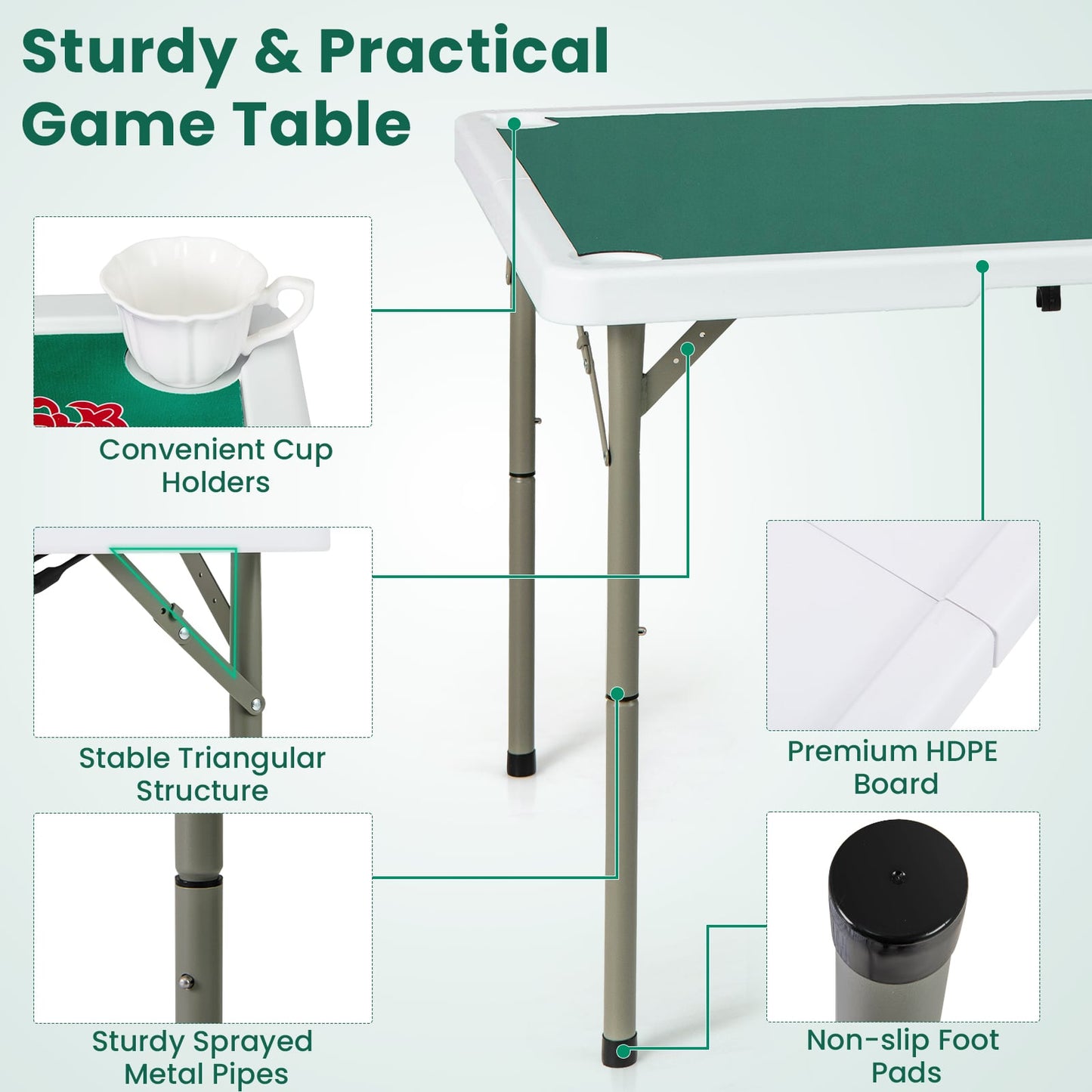 Folding Mahjong Table with Cup Holders and Removable Game Mat-Green