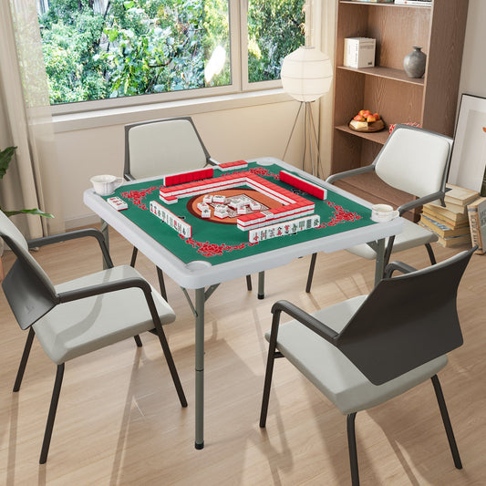 Folding Mahjong Table with Cup Holders and Removable Game Mat-Green &amp; Red
