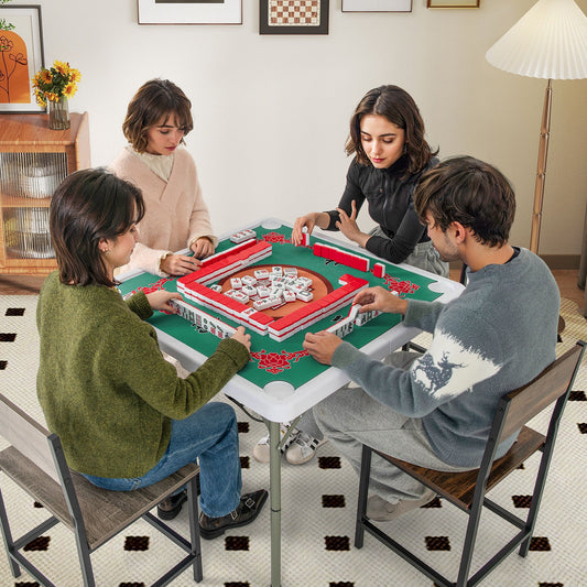 Folding Mahjong Table with Cup Holders and Removable Game Mat-Green &amp; Red