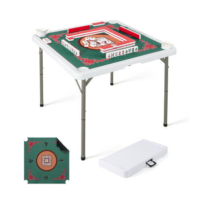Folding Mahjong Table with Cup Holders and Removable Game Mat-Green &amp; Red