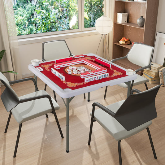 Folding Mahjong Table with Cup Holders and Removable Game Mat-Red