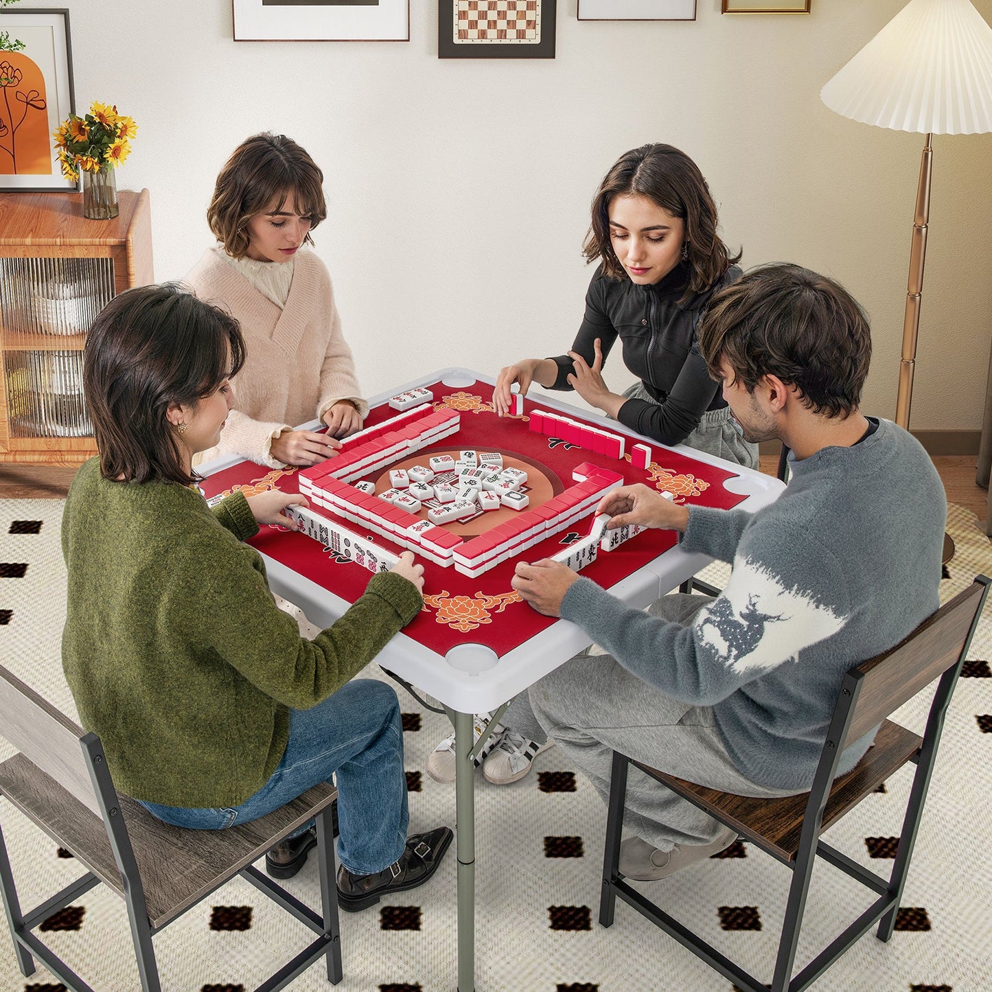 Folding Mahjong Table with Cup Holders and Removable Game Mat-Red