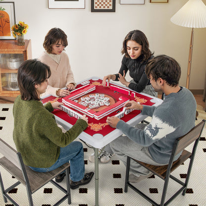 Folding Mahjong Table with Cup Holders and Removable Game Mat-Red