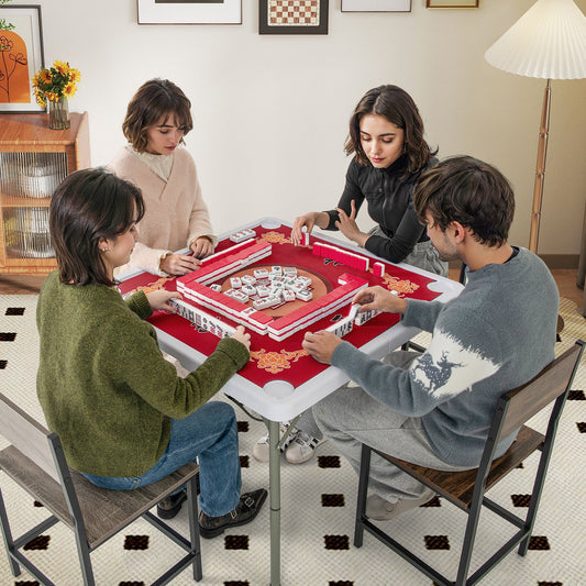 Folding Mahjong Table with Cup Holders and Removable Game Mat-Red