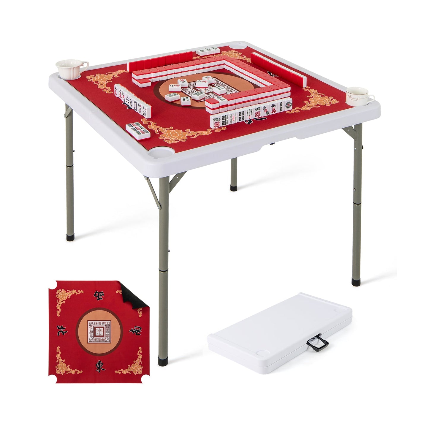 Folding Mahjong Table with Cup Holders and Removable Game Mat-Red