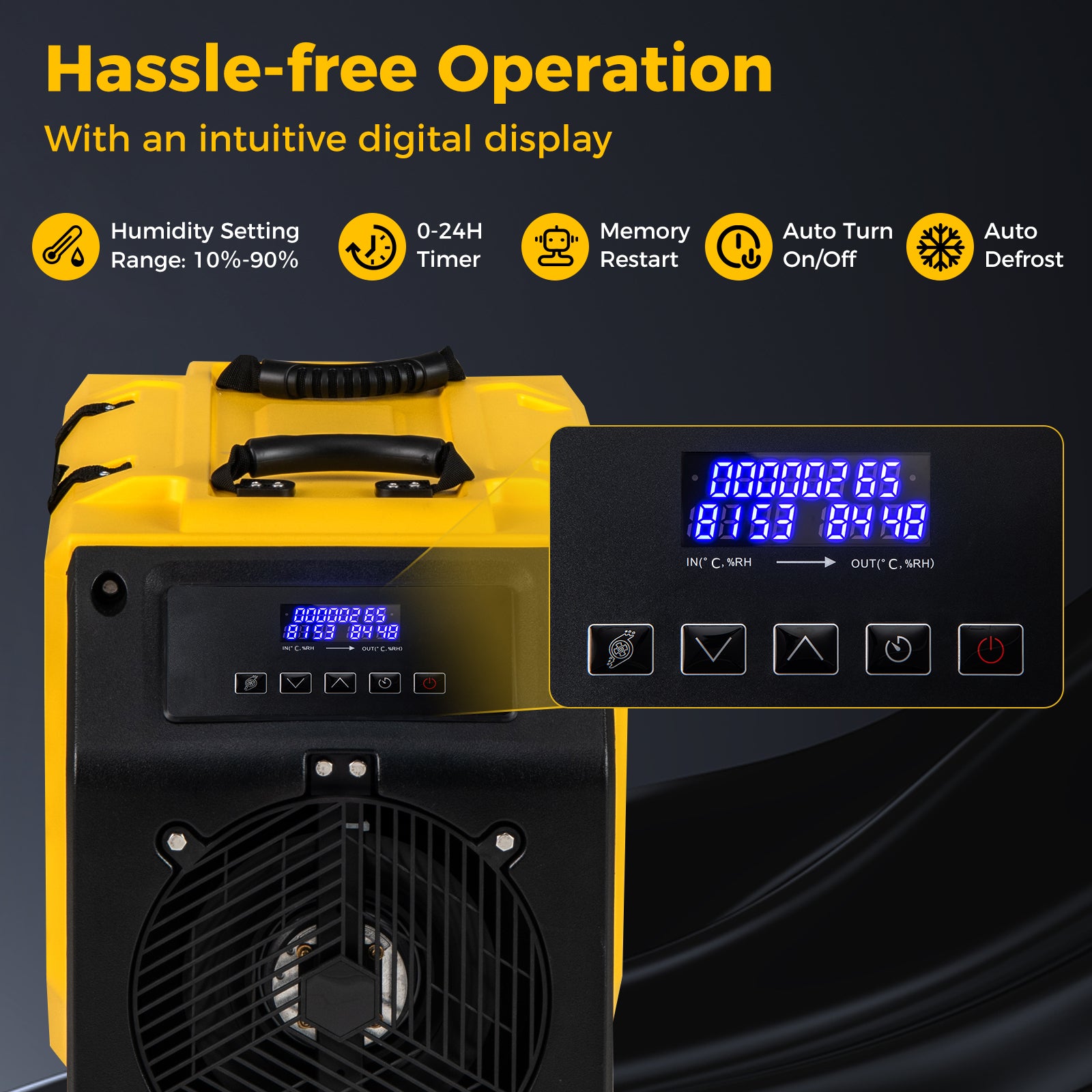 90L/Day Commercial Dehumidifier with Pump and 2 Wheels-Yellow