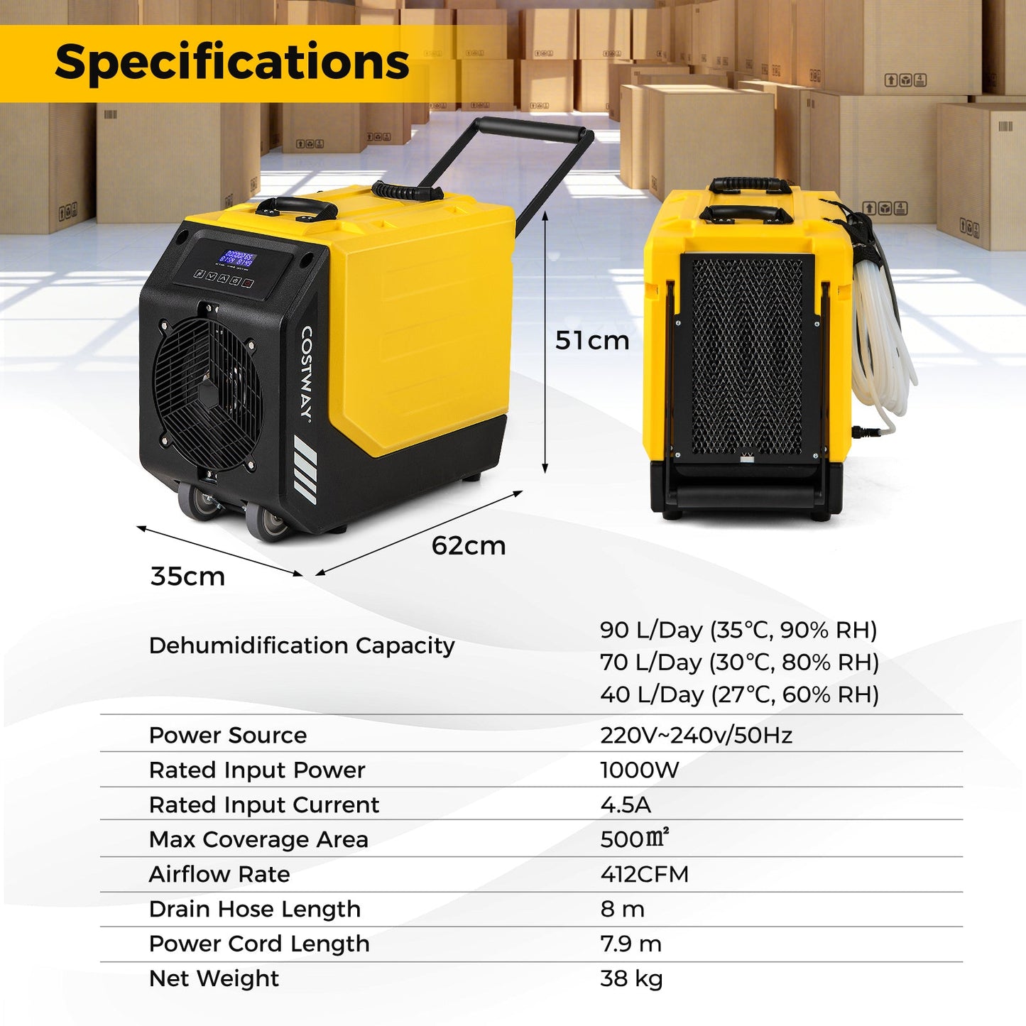 90L/Day Commercial Dehumidifier with Pump and 2 Wheels-Yellow