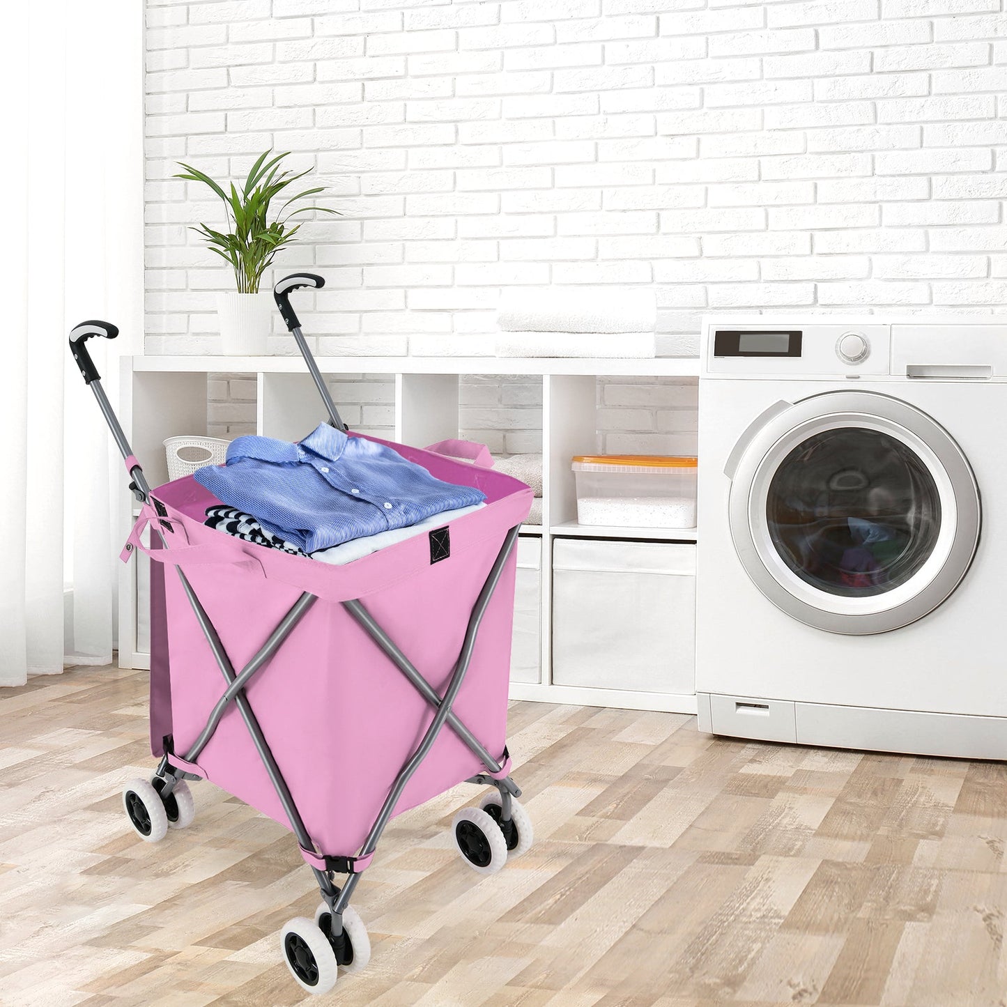 90L Folding Shopping Trolley with Removable Waterproof Bag and Cover-Pink