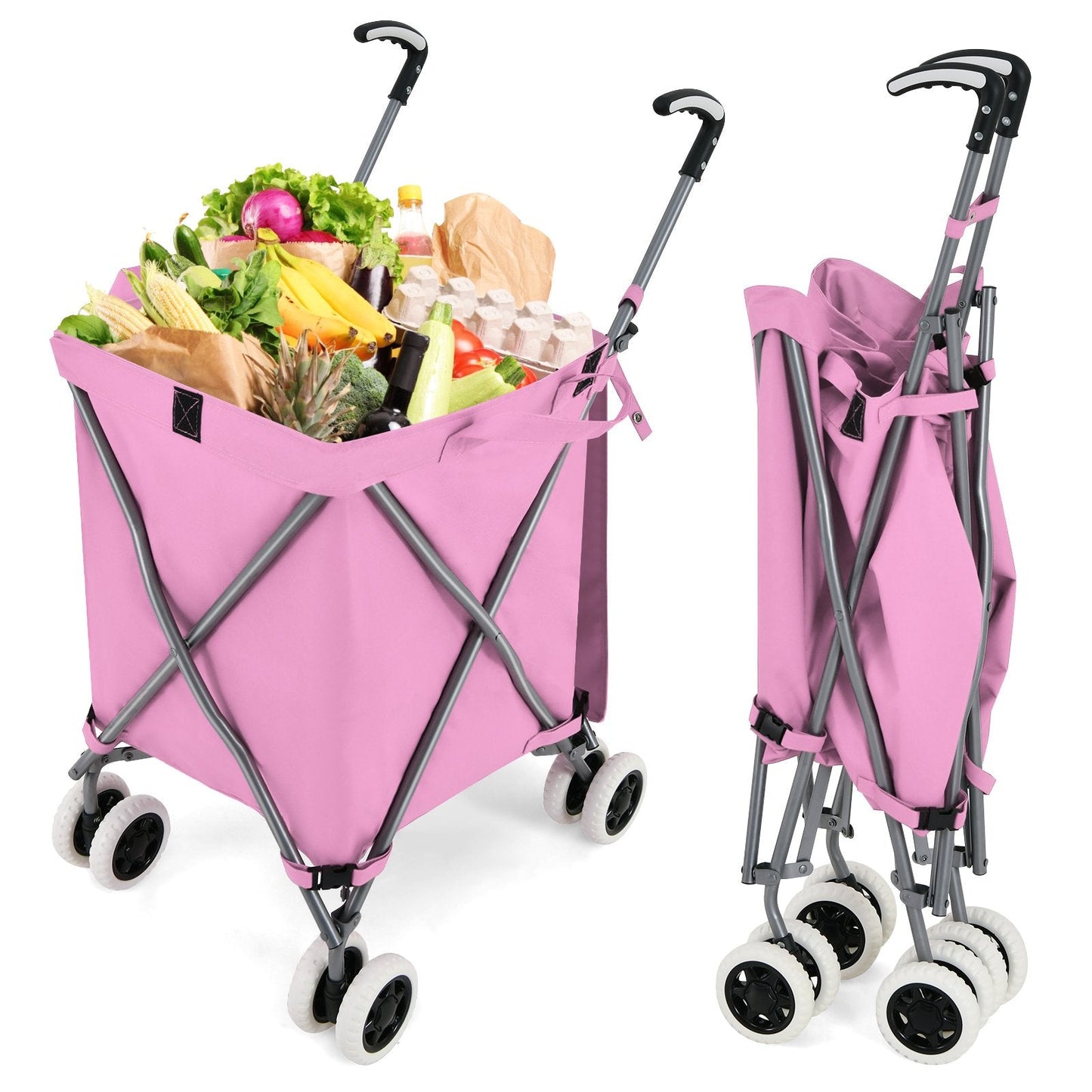 90L Folding Shopping Trolley with Removable Waterproof Bag and Cover-Pink