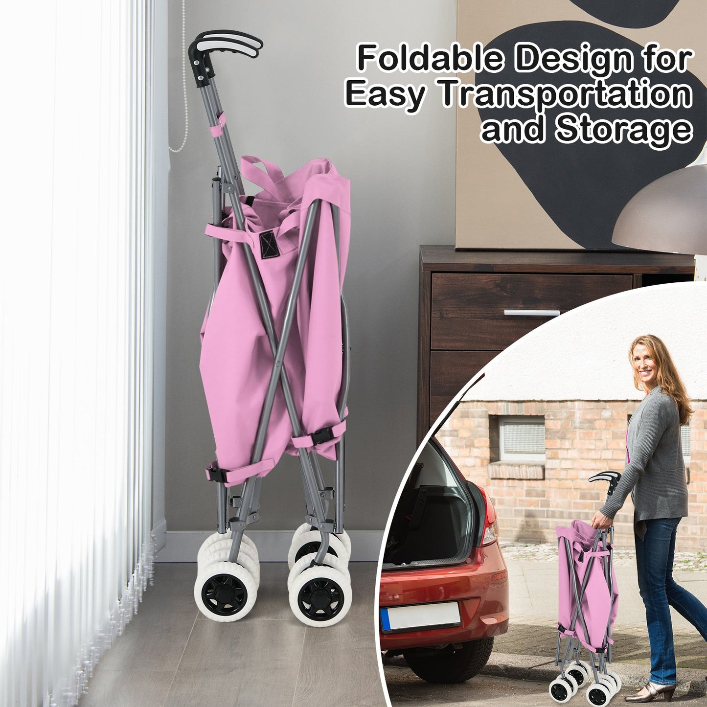 90L Folding Shopping Trolley with Removable Waterproof Bag and Cover-Pink