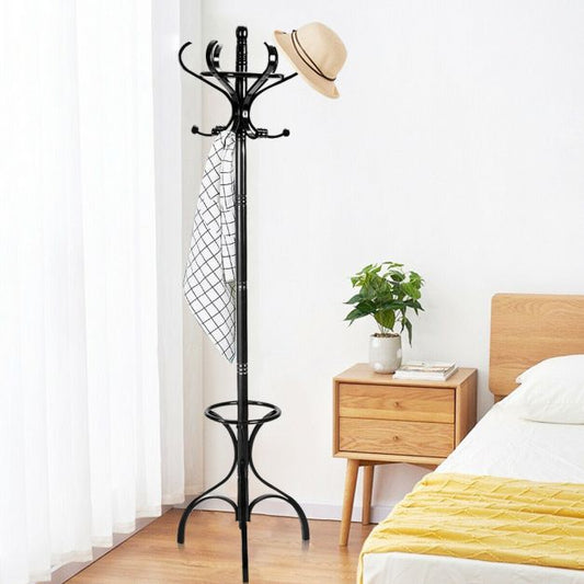Practical Birch Coat Stand with 360°Rotating Top Tier for Hat &amp; Jacket-Black