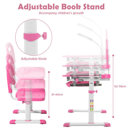 Height Adjustable Kid's Tilted Desk Set with Lamp & Drawer-Pink