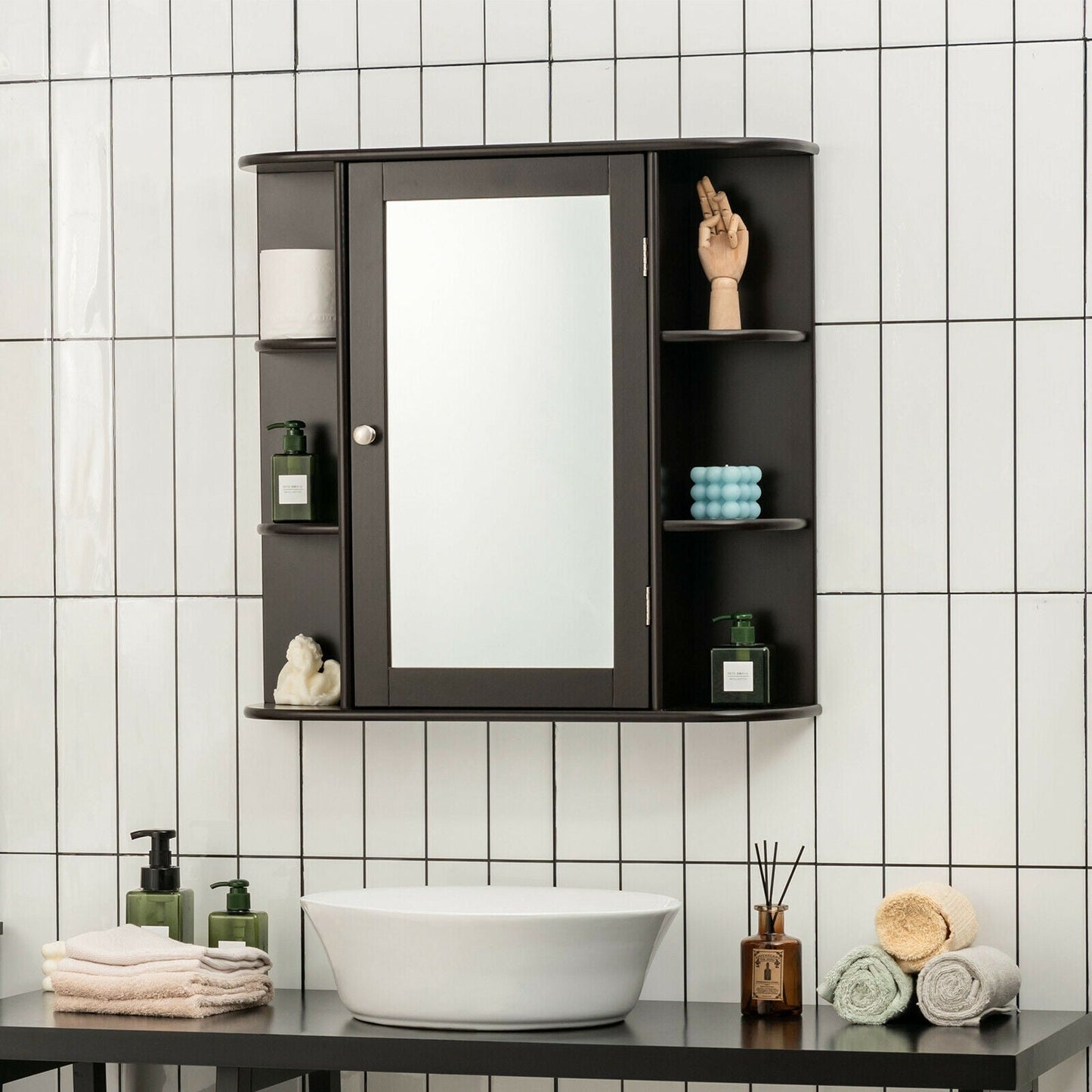 3-Tier Mirrored Wall Mounted Bathroom Cabinet-Brown