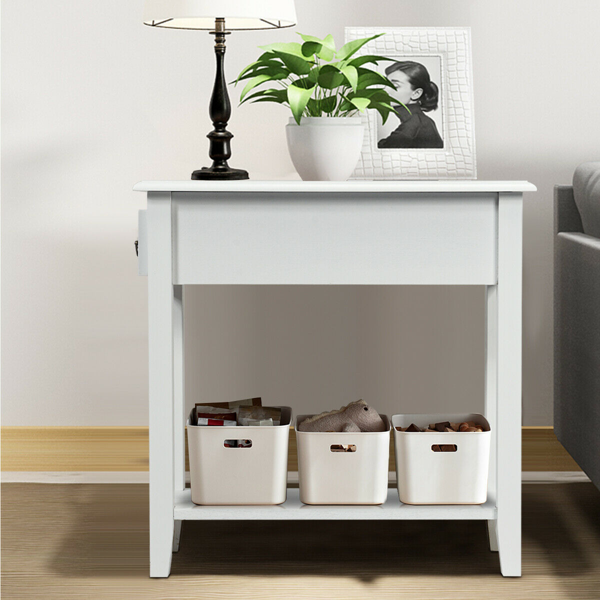 2-Tier Bedside Table with Drawer and Storage Shelf-White