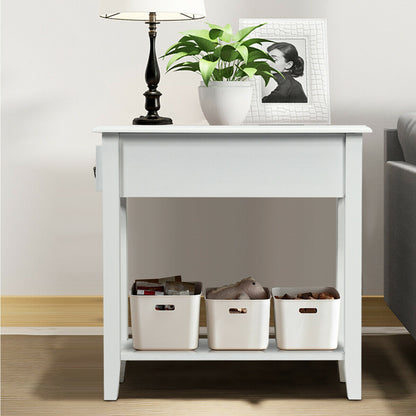2-Tier Bedside Table with Drawer and Storage Shelf-White