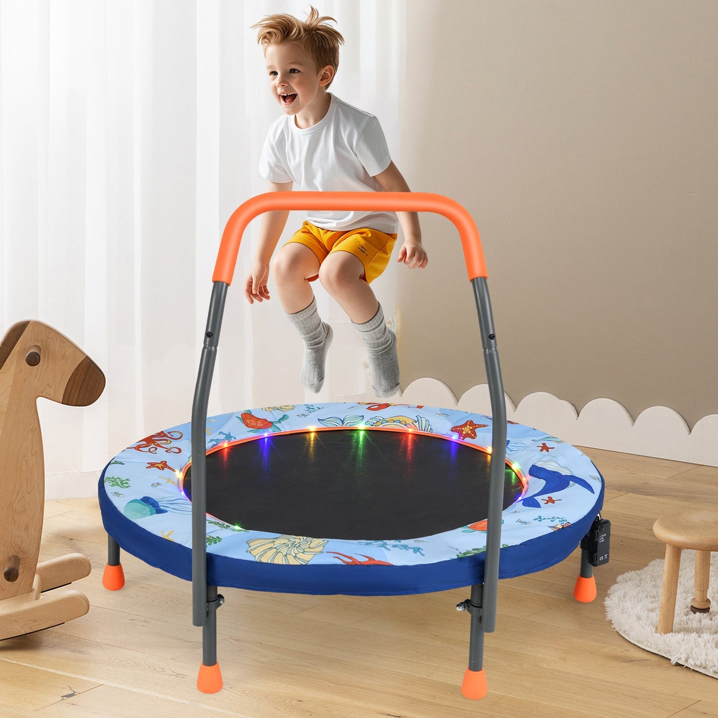 90 cm Folding Mini Trampoline for Kids with Lights and Padded Safety Cover-Blue