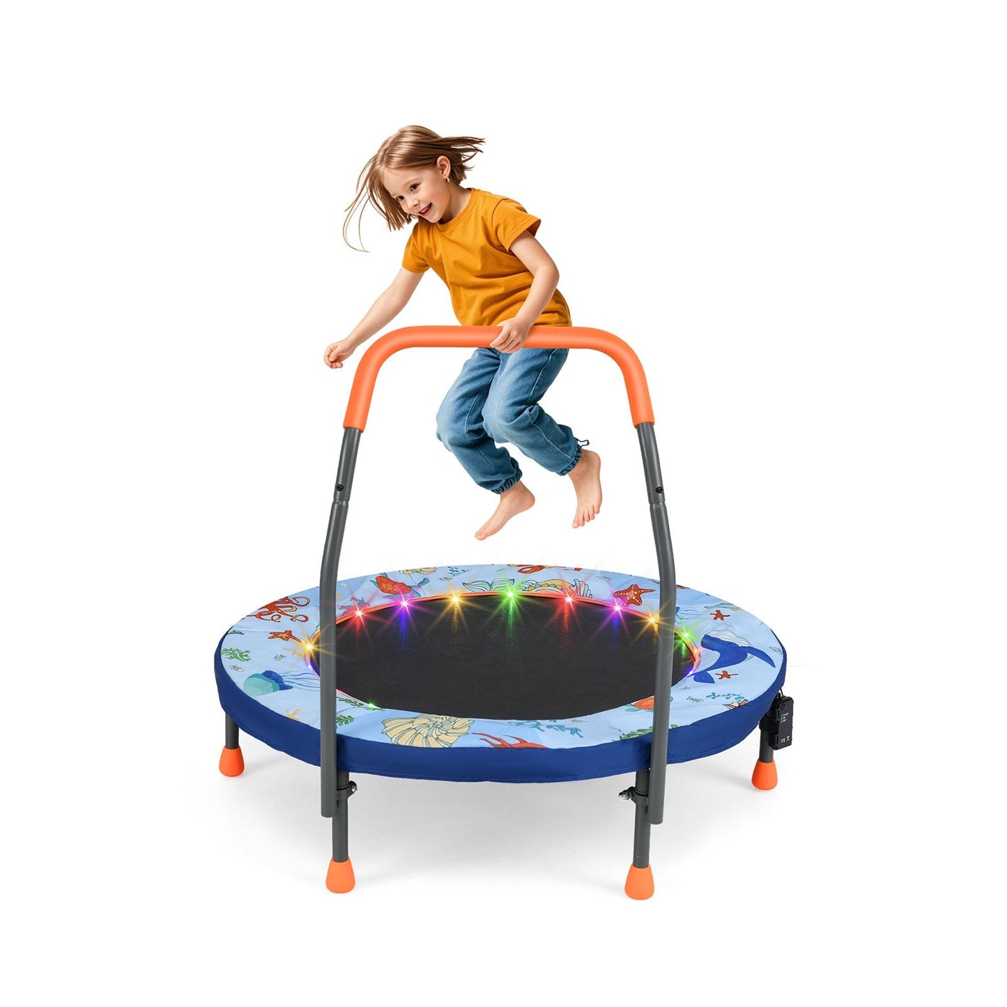 90 cm Folding Mini Trampoline for Kids with Lights and Padded Safety Cover-Blue
