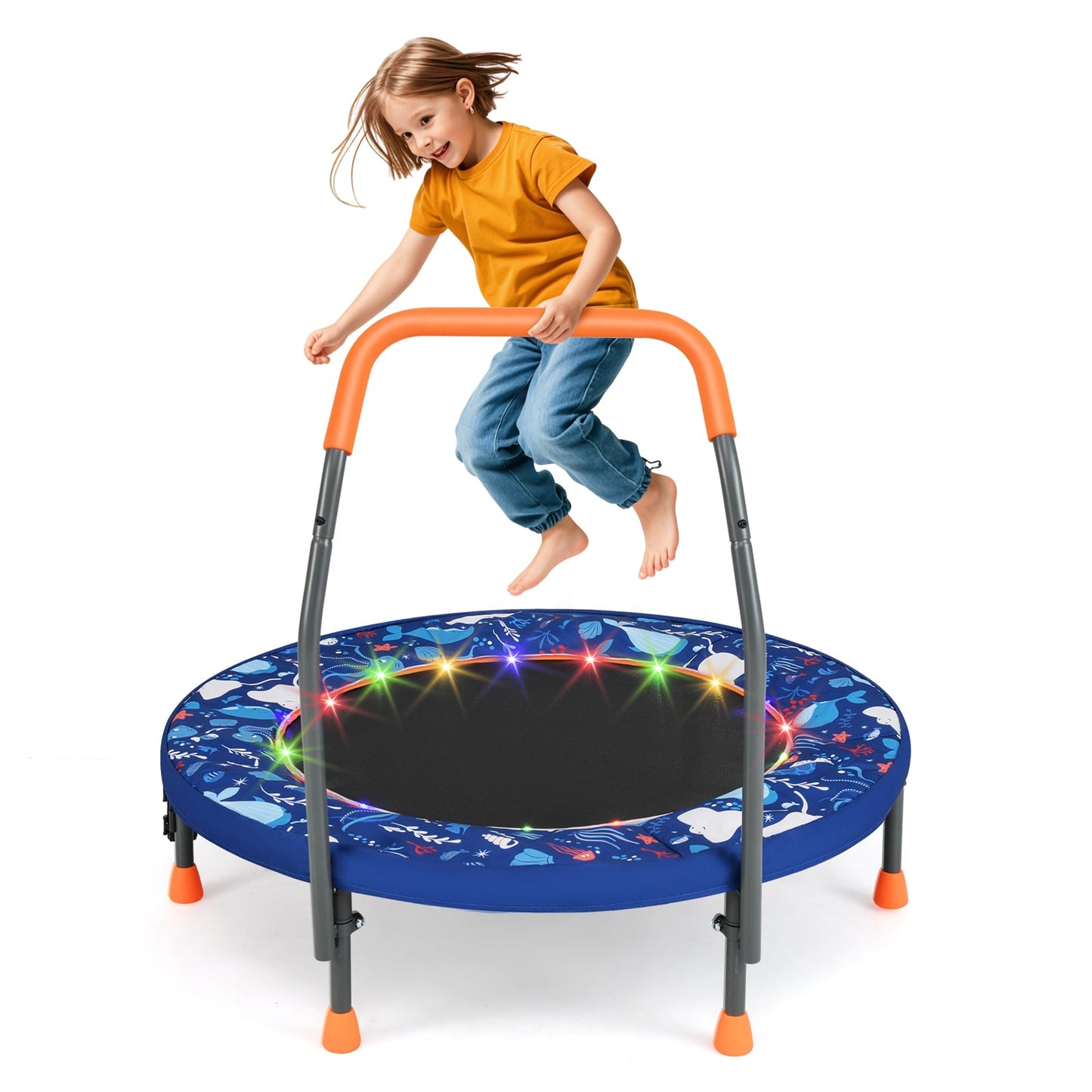 90 cm Folding Mini Trampoline for Kids with Lights and Padded Safety Cover-Navy