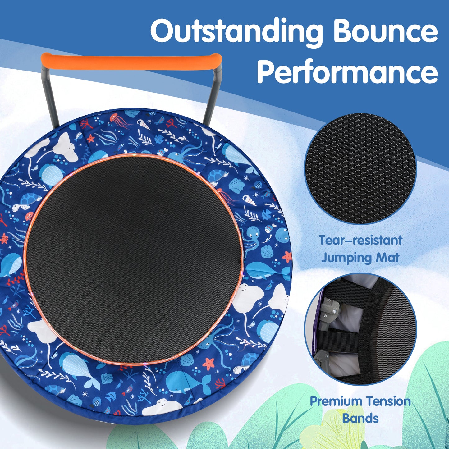 90 cm Folding Mini Trampoline for Kids with Lights and Padded Safety Cover-Navy