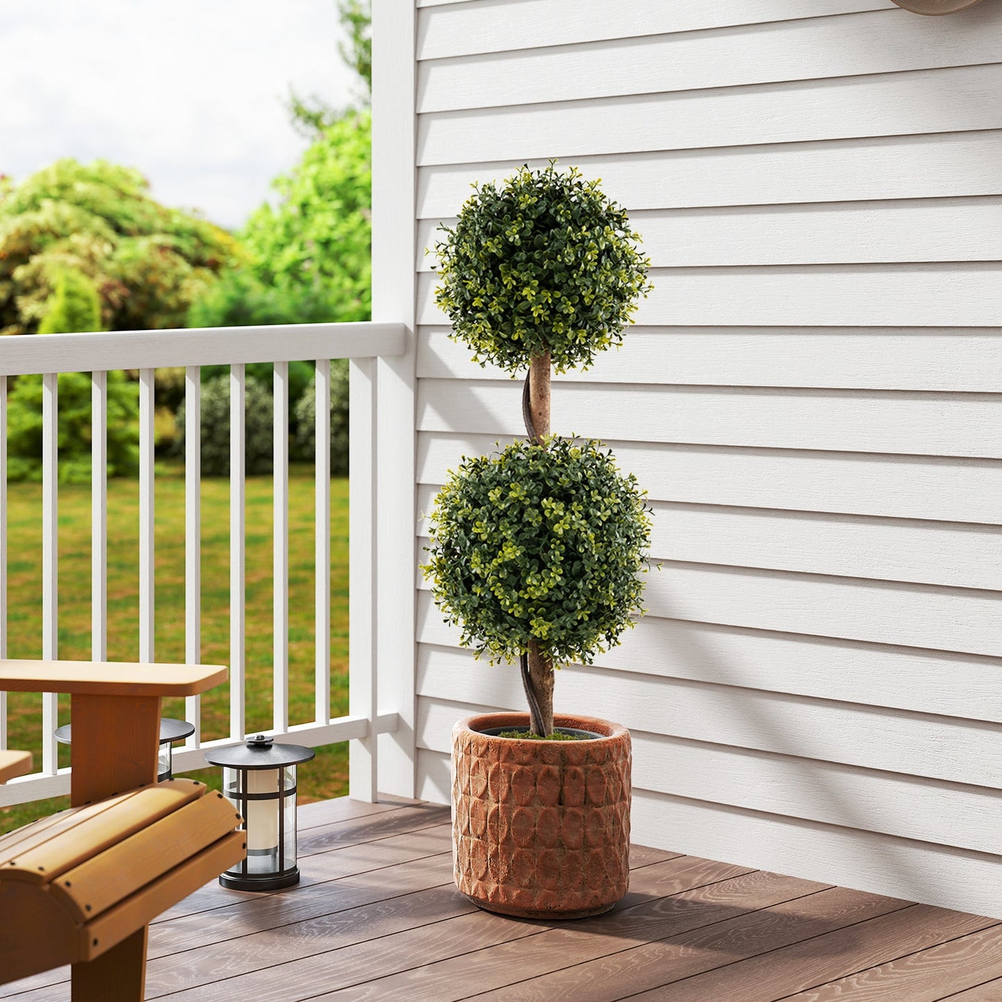 Set of 2 Artificial Double Topiary Ball Trees 90cm Faux Boxwood Topiary Tree