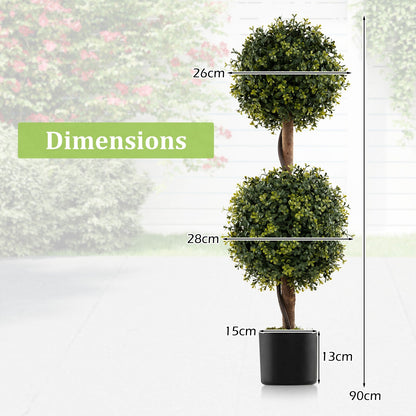 Set of 2 Artificial Double Topiary Ball Trees 90cm Faux Boxwood Topiary Tree