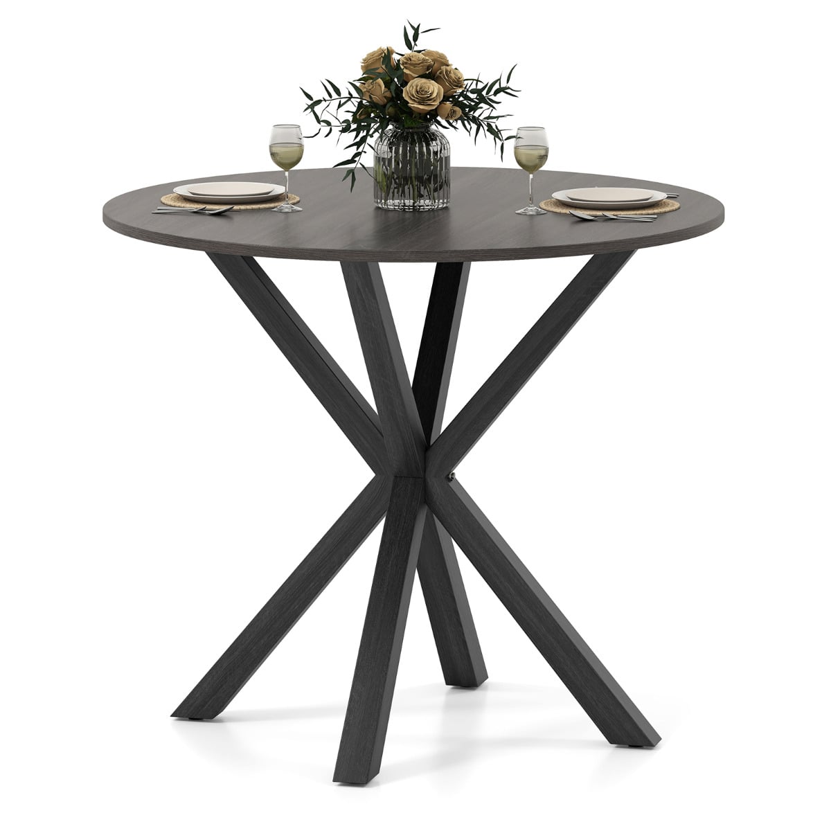 90CM Wood Dining Table with Intersecting Pedestal Base-Black
