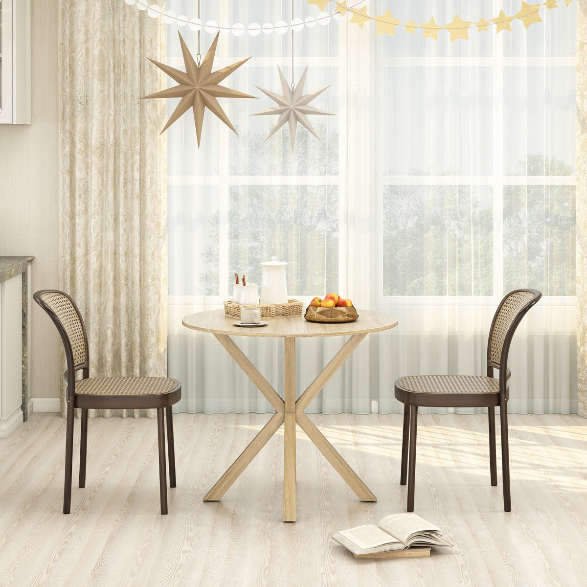 90CM Wood Dining Table with Intersecting Pedestal Base-Brown