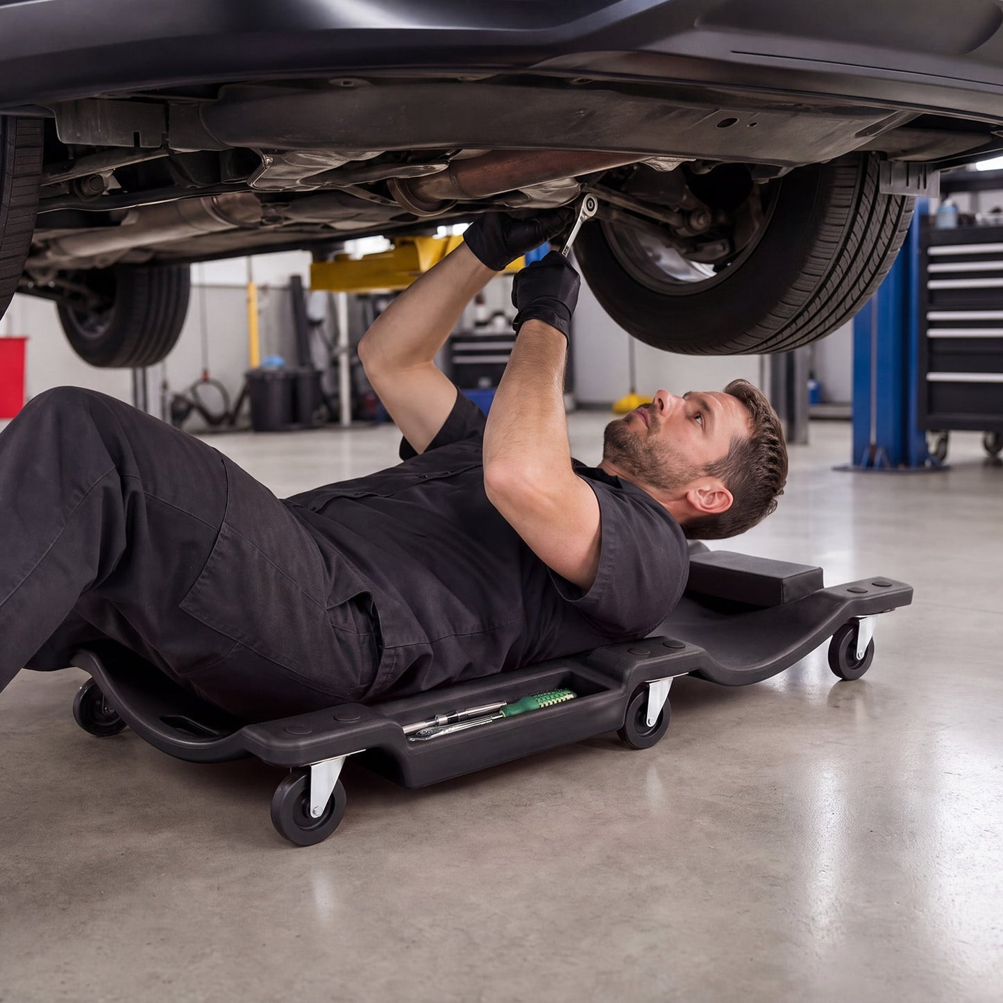 91 CM Low Profile Rolling Garage Creeper with Padded Headrest-Black