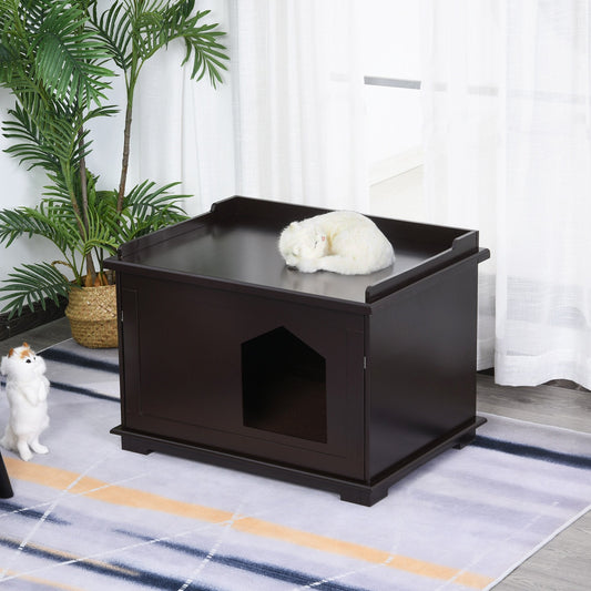 PawHut Wooden Cat Litter Box Covered Mess Free End Table Hideaway Cabinet