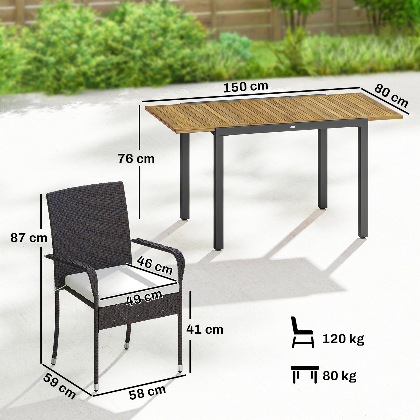 Outsunny 7 Piece Rattan Garden Furniture Set, 6 Seater Garden Table and 6 Stackable Chairs with Extendable Acacia Wood Tabletop